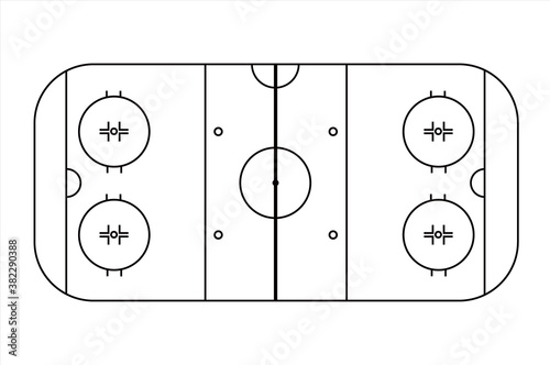 Ice hockey field scheme. View from above. Black and white illustration isolated on white background. Vector outline