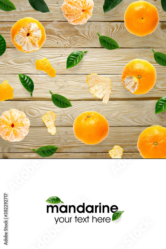 Fototapeta Naklejka Na Ścianę i Meble -  Creative layout of tangerines, mandarines. Unpeeled and peeled ripe tangerines, mandarines, clementines with leaves isolated on white background.