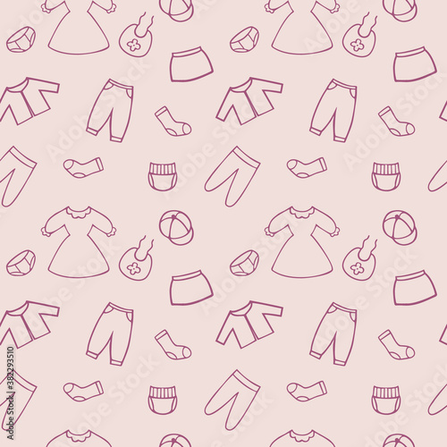 Pink endless pattern with drawings of clothes for girls. Seamless background for sewing clothes, textiles, book covers, Wallpaper in a clothing store. Doodle Dresses, skirts and pants drawn by hand