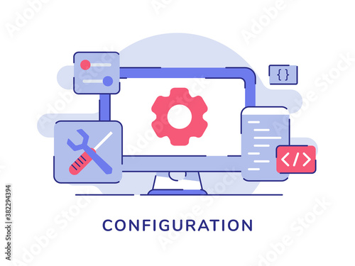 Configuration gear on display computer screen setting screwdriver wrench coding code white isolated background with flat outline style photo