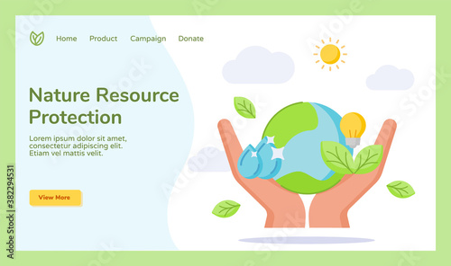 Nature resource protection hand holding earth water drop bulb lamp leaf campaign for web website home homepage template banner landing page with flat style