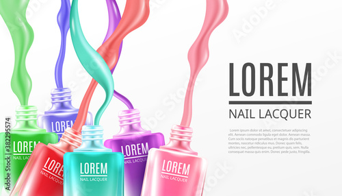 Banner with nail polish splashing out of bottles, realistic vector illustration.