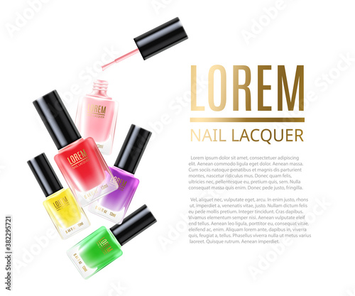 Banner background with nail polish bottles, realistic vector illustration.