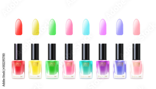 Set of multicolored bottles of nail polish a vector realistic isolated illustration