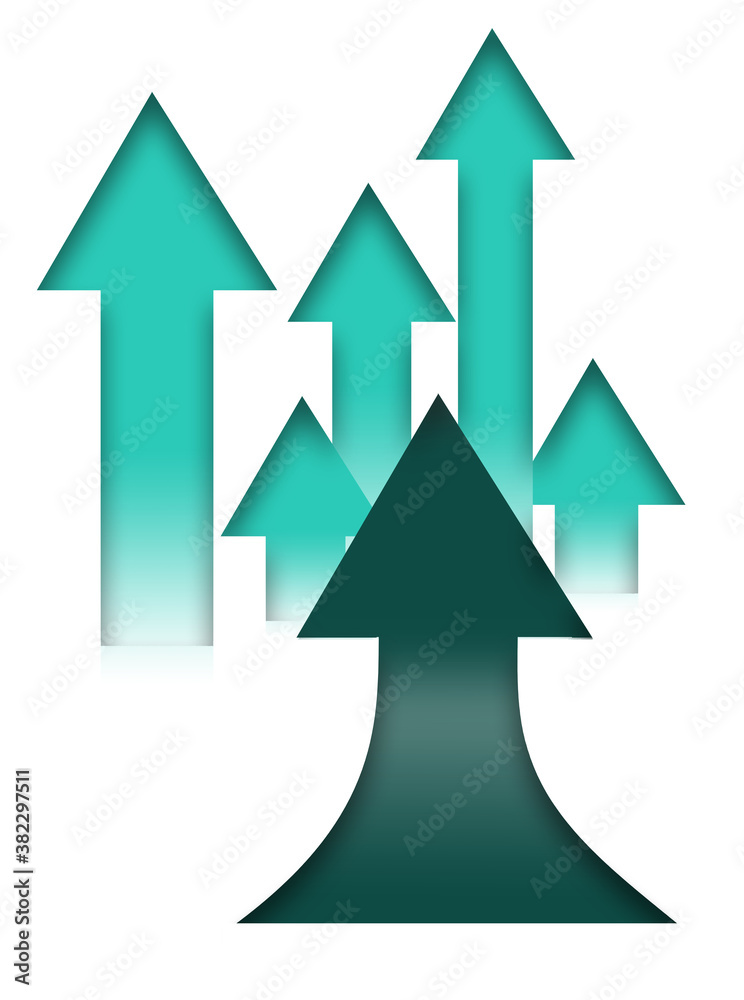 Cyan, aqua and green arrows point upward in this 3-d image of flat arrows with one upcurving arrow. Cyan, aqua and green arrows point upward in this 3-d image of flat arrows with one upcurving arrow.