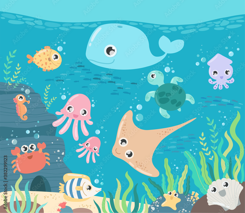 Fish and wild marine animals in ocean. Sea world dwellers, cute underwater creatures, coral reef inhabitants in their natural habitat, undersea fauna of tropics.