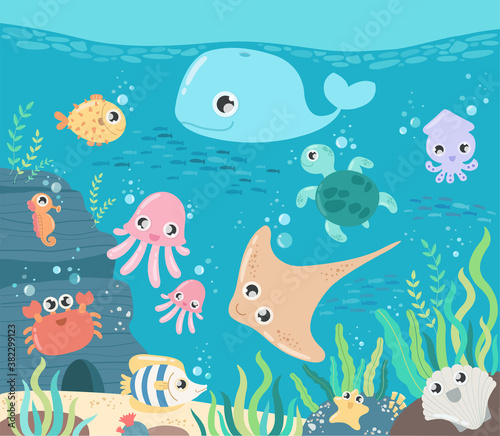 Fototapeta Naklejka Na Ścianę i Meble -  Fish and wild marine animals in ocean. Sea world dwellers, cute underwater creatures, coral reef inhabitants in their natural habitat, undersea fauna of tropics.