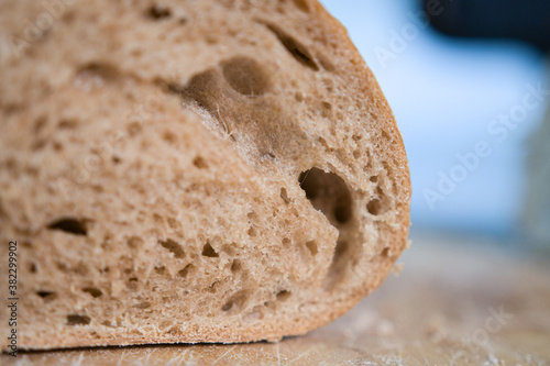 Close-up of the inside of a sliced homemade sourdough bread