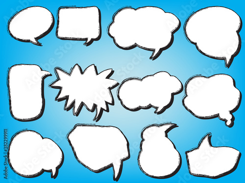 Vector of speech bubbles freehand isolated set on blue background. Blank empty speech bubbles for your text.