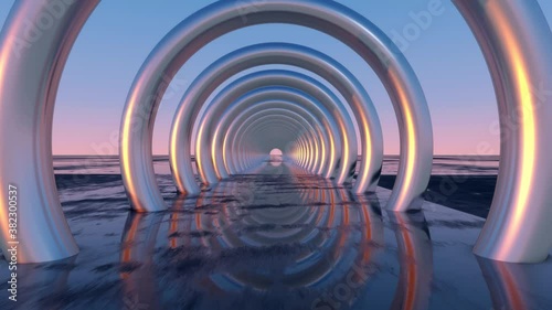 3D Animation of a flight through a alien science fiction landscape with strange artifacts.