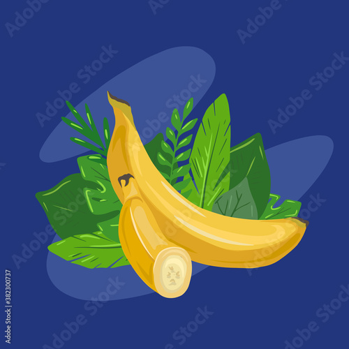 Cartoon two various bananas with tropical leaves and blue background. Delicious juicy treat. Vector flat illustration for menus, recipes, postcards and your design.