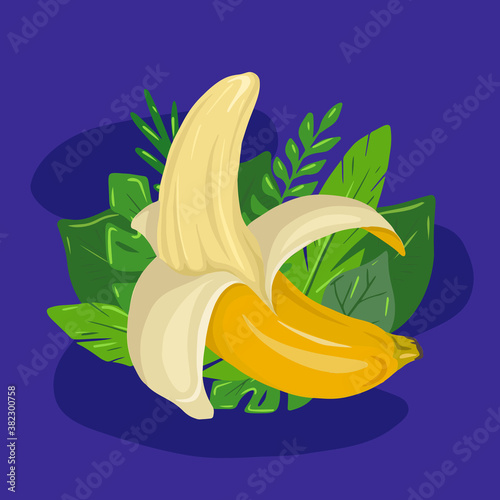 Cartoon open banana with tropical leaves and blue background. Delicious juicy treat. Vector flat illustration for menus, recipes, postcards and your design.