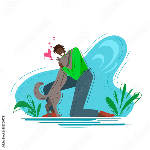 Love for pets. Trendy fashion illustration. Joyful african man hugging a dog on an abstract background. Helping homeless animals. Vector flat illustration for postcards, banners and your design.