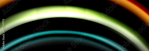 Dynamic motion abstract background. Color blurred stripes on black. Wave liquid lines poster. Vector illustration