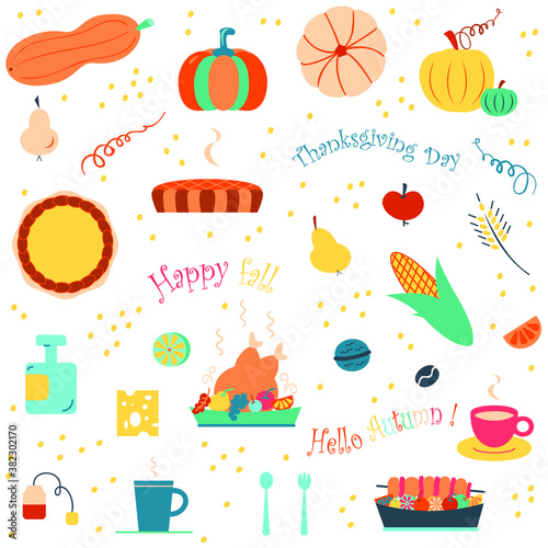 Set of autumn symbols. Vector elements of  thanksgiving day  hello autumn  happy fall season on white background. Seasonal flat clip art for website design or creating a postcard  poster  cover  tag  