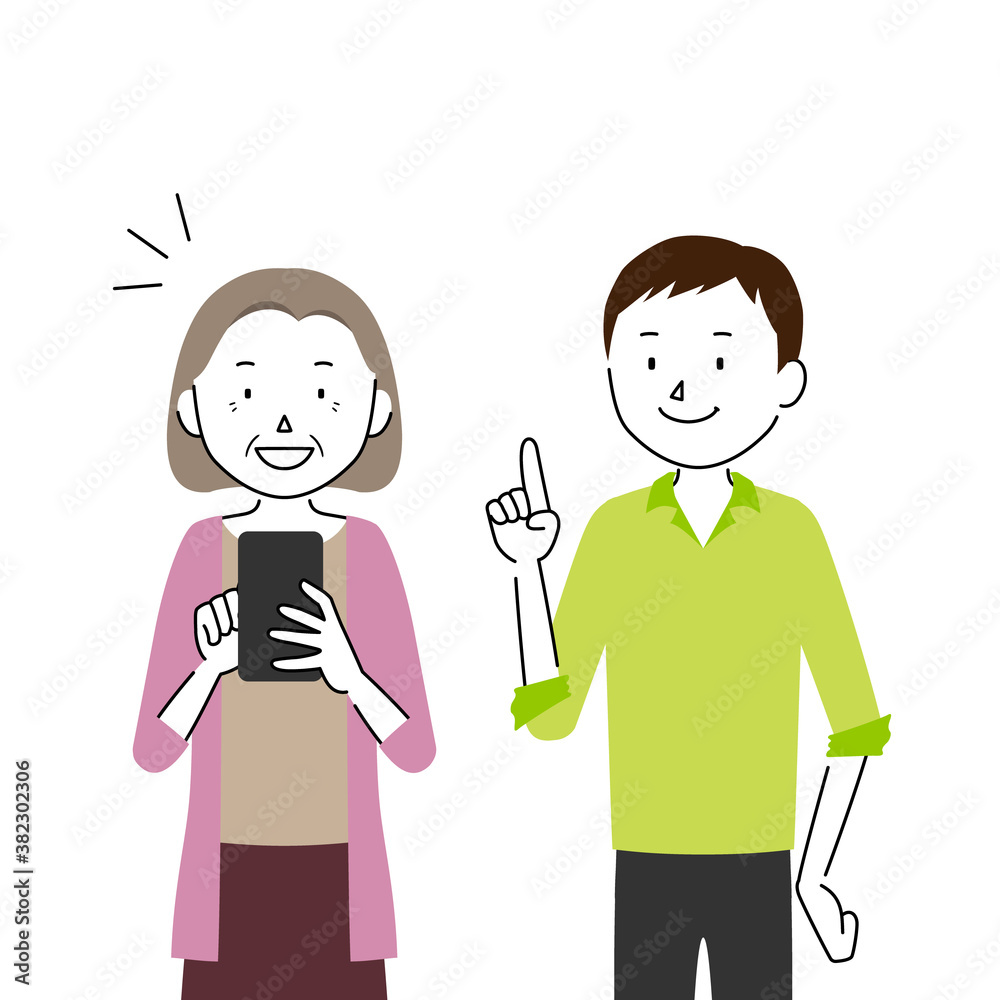 Illustration of a senior woman who asks her son to teach her how to use a smartphone (I understand how to use it!) Illustration of a senior woman who asks her son to teach her how to use a smartphone (I understand how to use it!)