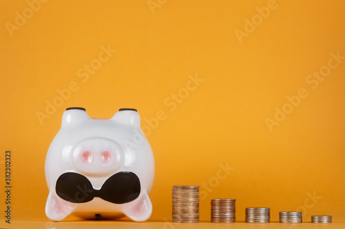 financial system crash and loss of savings. Piggy bank and coins photo