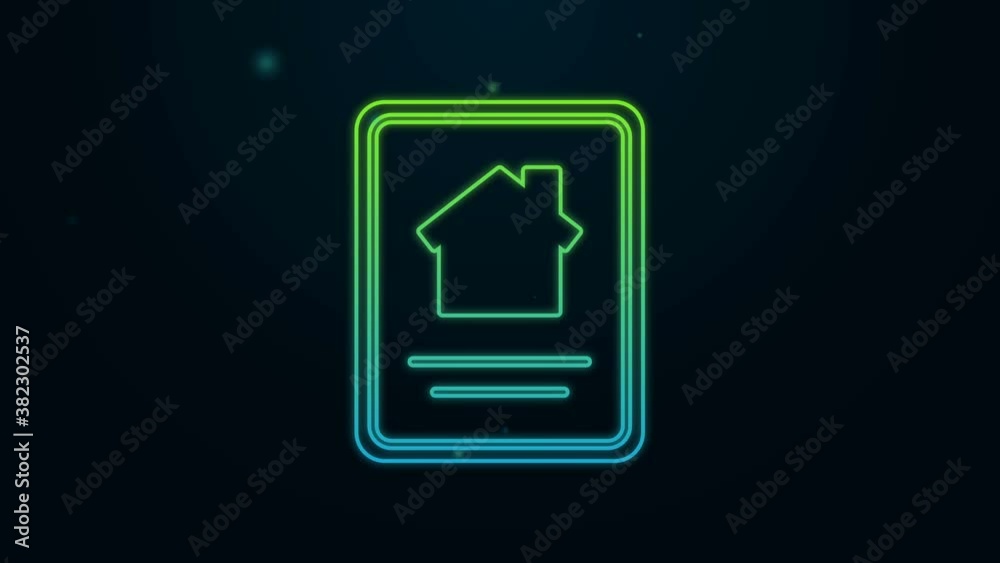 Glowing neon line Online real estate house on tablet icon isolated on black background. Home loan concept, rent, buy, buying a property. 4K Video motion graphic animation Glowing neon line Online real estate house on tablet icon isolated on black background. Home loan concept, rent, buy, buying a property. 4K Video motion graphic animation