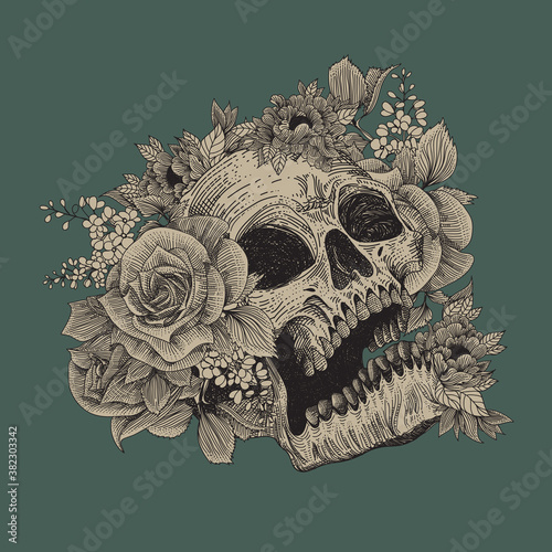 Skull with flora ornament. Halloween concept. Dark tattoo
