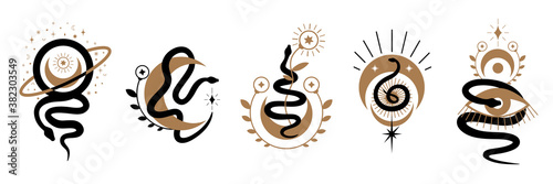 Magic snake with moon,star and crescents. Mystical symbols in a trendy minimalist style on a light background. Cosmic minimalistic scene with snake, branch, celestial bodies. Boho style print