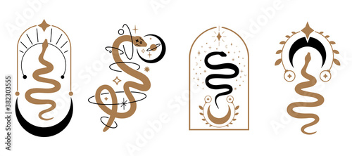 Magic snake with moon,star and crescents. Mystical symbols in a trendy minimalist style on a light background. Cosmic minimalistic scene with snake, branch, celestial bodies. Boho style print
