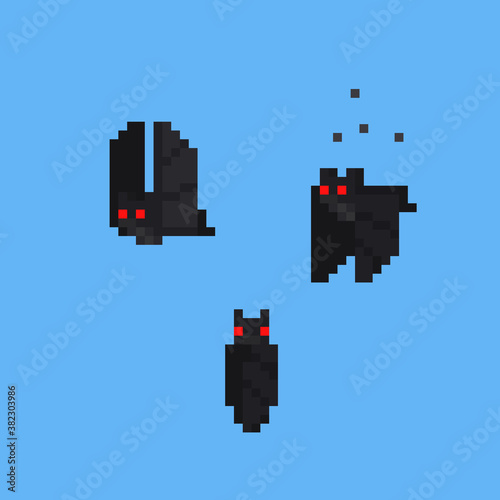 Pixel art cartoon flying bat character set.