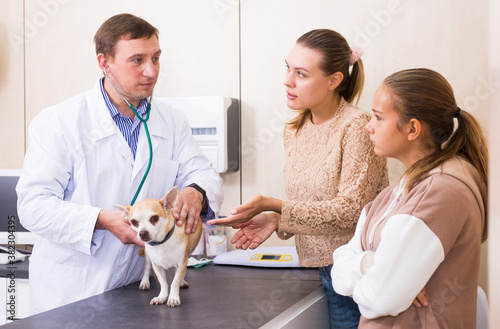 Troubled woman and preteen girl with little dog asking for professional advice from veterinarian. High quality photo