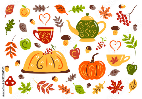 Autumn set: pumpkin pie, apples, mushrooms, pumpkin, berries, acorns, yellowing leaves, kettle and cups with hot drink. Harvest Festival. Thanksgiving. Gardening. Flat design. Isolated. Vector.