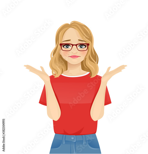 Young frustrated woman with glasses in casual style clothes isolated vector illustration