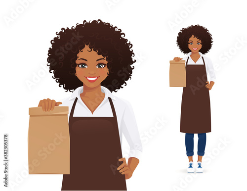 Smiling african woman in apron standing with paper packet isolated vector illustration
