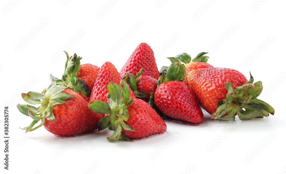 Pile of fresh strawberries on white background.