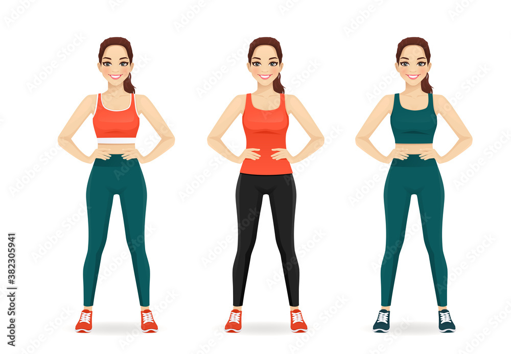 Sport fitness woman in different sportswear set isolated vector illustration Sport fitness woman in different sportswear set isolated vector illustration