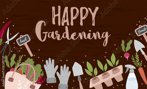 Home gardening banner with garden tools, a wooden crate with fresh tasty vegetables and flower pots. Vector illustration
