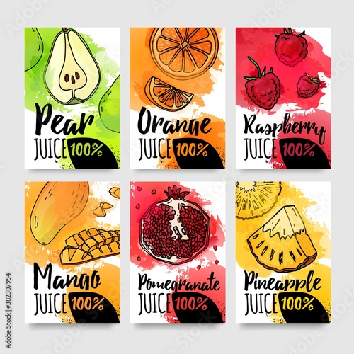 Template design card of variation tastes of juice. Layout banner of fruit and berries with watercolor decoration. Brochure for organic natural drink. Flyers of fresh food for vegetarian menu. Vector