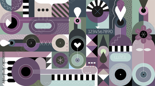 Abstract art composition of wine bottles and music instruments. Geometric style vector illustration.