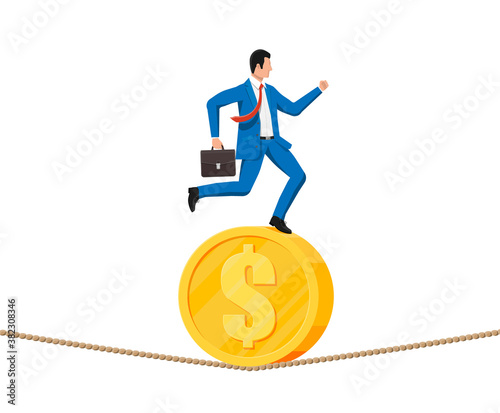 Businessman on coin walking on rope with suitcase. Business man walking on tightrope gap. Obstacle on road, financial crisis. Risk management challenge. Vector illustration in flat style
