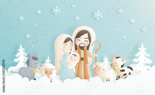 A Christmas nativity scene cartoon, with baby Jesus, Mary and Joseph in the manger with donkey and other animals. Christian religious illustration.