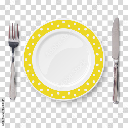 Empty vector yellow with polka dot color pattern and knife and fork isolated on transparent background. View from above.