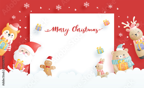 Christmas card, celebrations with Santa and friends, Christmas scene in paper cut style vector illustration. 