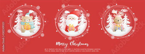 Christmas card, celebrations with Santa and friends, Christmas scene in paper cut style vector illustration.
