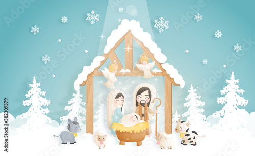 A Christmas nativity scene cartoon, with baby Jesus, Mary and Joseph in the manger with donkey and other animals. Christian religious illustration.