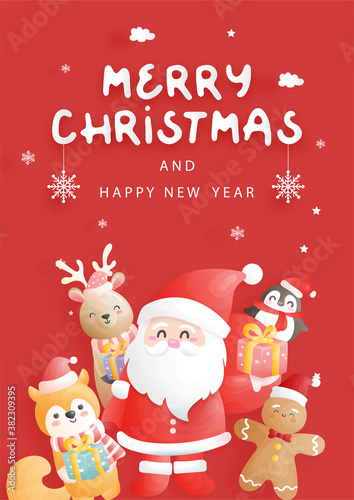 Christmas card, celebrations with Santa and friends, Christmas scene in paper cut style vector illustration. 