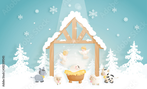 A Christmas nativity scene cartoon, with baby Jesus, in the manger with angel, donkey and other animals. Christian religious illustration.