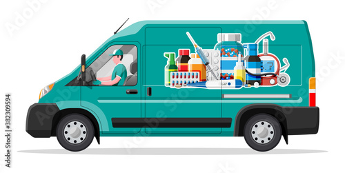 Van for delivery pharmaceutical drugs. Green drugstore truck. Internet pharmacy, oline order. Medical assistance, help, support online. Health care. Vector illustration in flat style