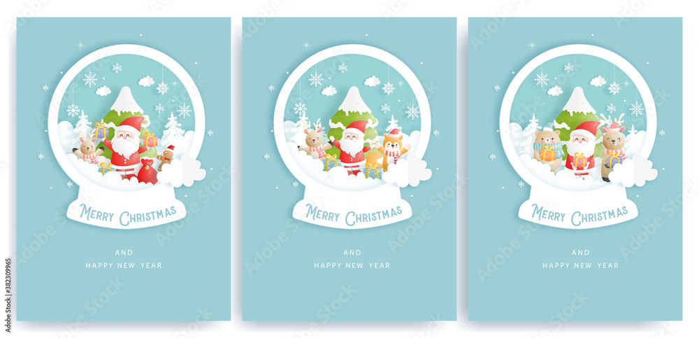 Set of Christmas cards and new year greeting cards with cute Santa clause and Christmas elements on a paper snow globe. Set of Christmas cards and new year greeting cards with cute Santa clause and Christmas elements on a paper snow globe.
