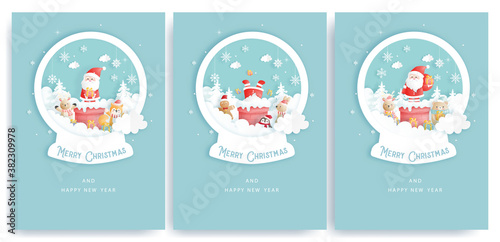 Set of Christmas cards and new year greeting cards with cute Santa clause and Christmas elements on a paper snow globe.
