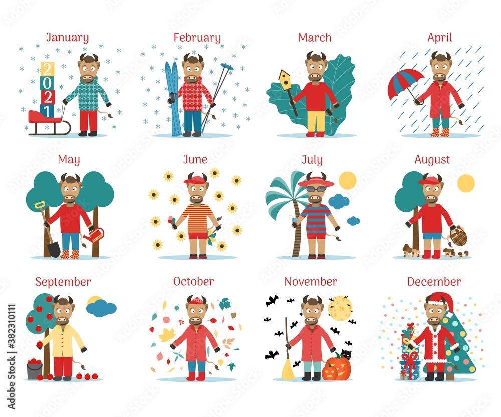Calendar for the Year of the Bull 2021. Twelve little cute bulls will decorate. Cartoon little bull characters set twelve months pictures. Vector illustration.