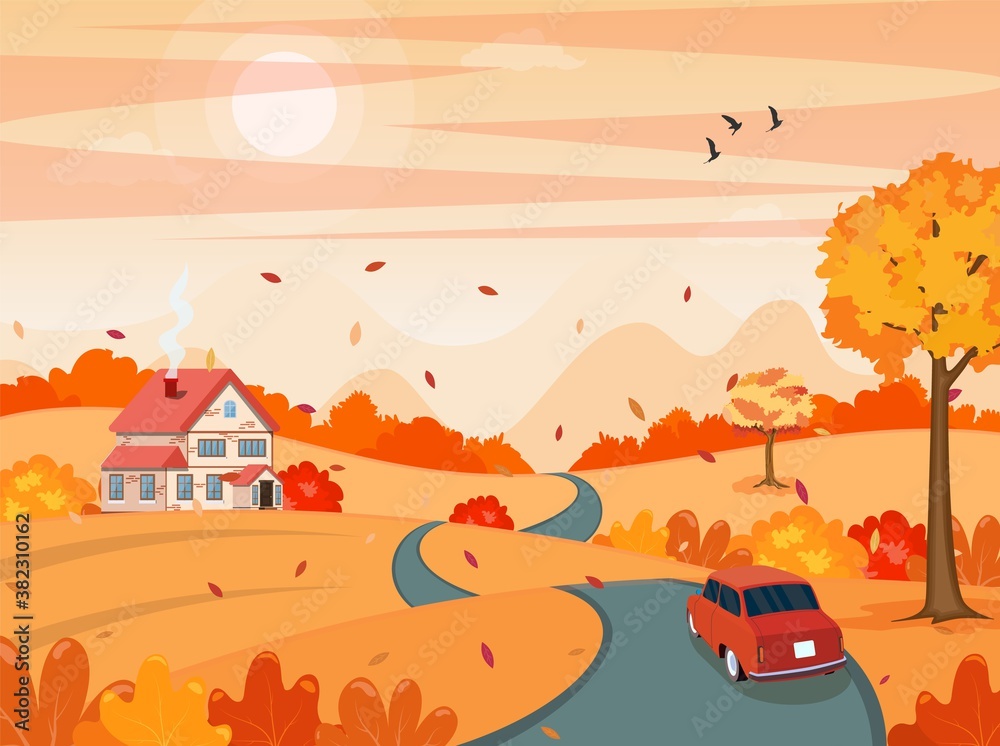 autumn fall cartoon Landscape with a car on the road background. trees and  hills on the plain. Vector illustration in flat style. Stock Vector | Adobe  Stock