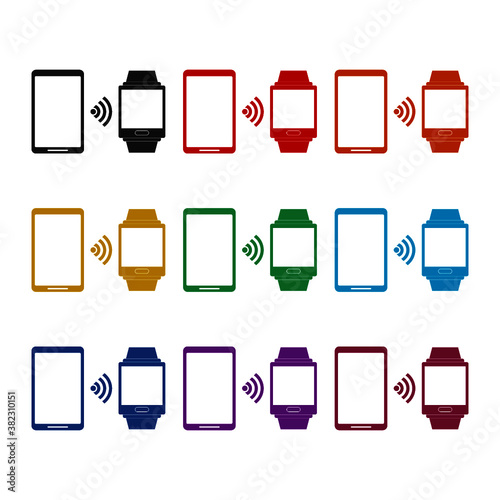 Smartphone and smart watch wireless connection synchronization icon, color set