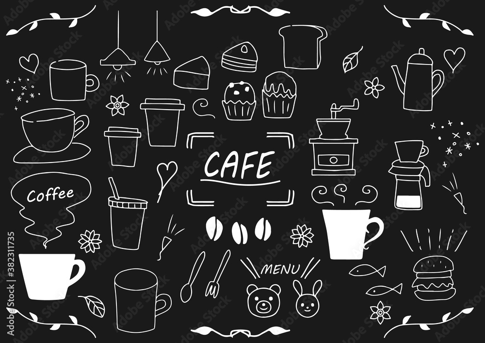 手書き　カフェ　コーヒー　素材　 イラスト セット　黒板　チョーク　線画